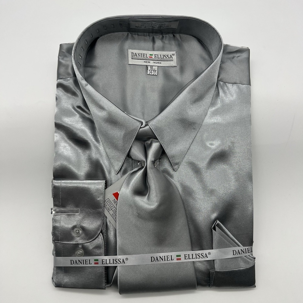 Daniel Ellissa Silver Men Dress Shirt With Tie 18.5 34/35 NET